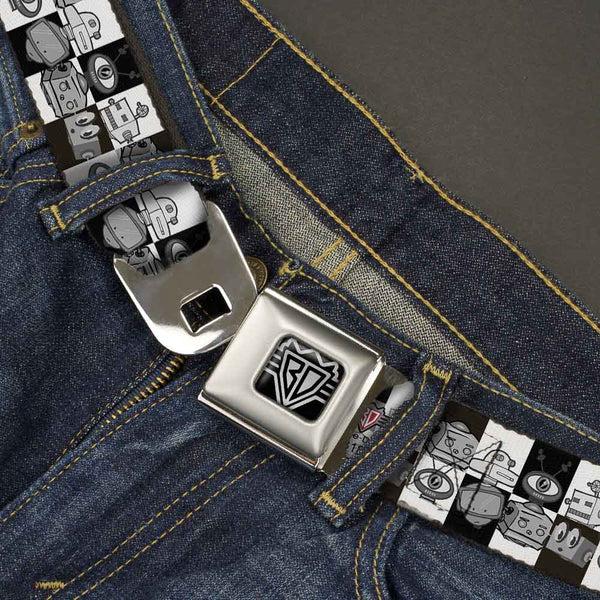 Buckle-Down BD Wings Logo CLOSE-UP Full Color Black Silver Seatbelt Belt - Robot Heads Checkers Black/White Webbing