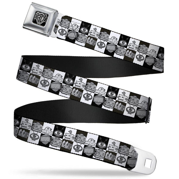 Buckle-Down BD Wings Logo CLOSE-UP Full Color Black Silver Seatbelt Belt - Robot Heads Checkers Black/White Webbing