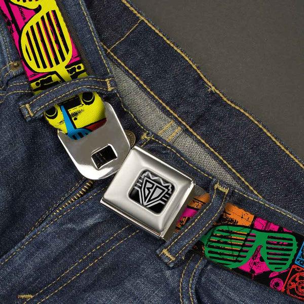 Buckle-Down BD Wings Logo CLOSE-UP Full Color Black Silver Seatbelt Belt - Eighties Shades Tapes Black/Neon Webbing