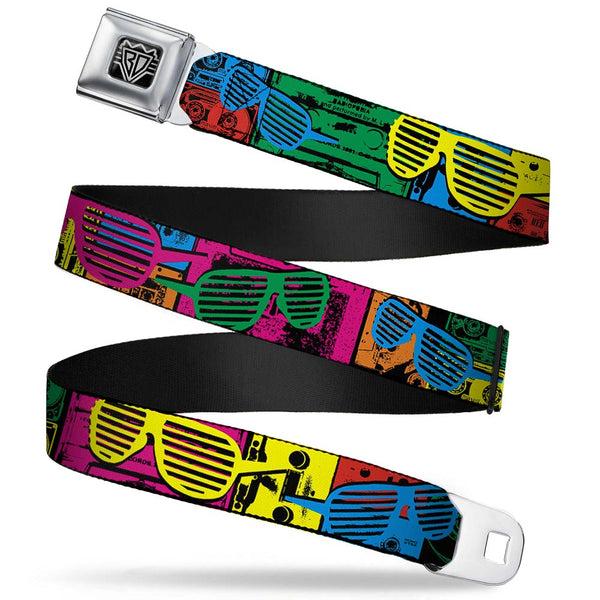 Buckle-Down BD Wings Logo CLOSE-UP Full Color Black Silver Seatbelt Belt - Eighties Shades Tapes Black/Neon Webbing