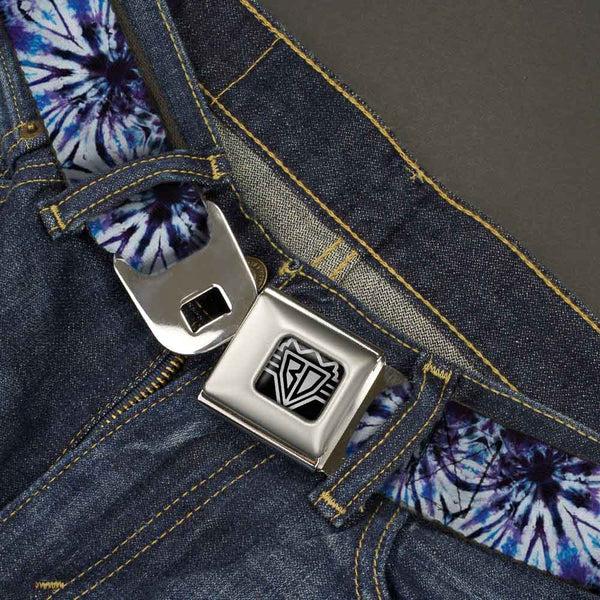 Buckle-Down BD Wings Logo CLOSE-UP Full Color Black Silver Seatbelt Belt - Tie Dye Purple/Blue Webbing