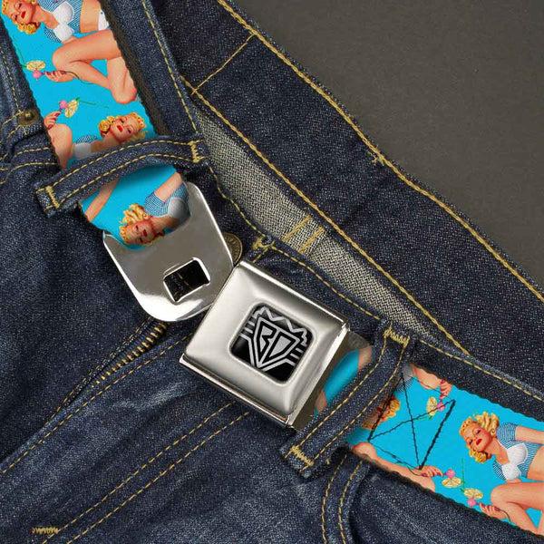 Buckle-Down BD Wings Logo CLOSE-UP Full Color Black Silver Seatbelt Belt - Blonde Pin Up Girl Bright Blue Webbing