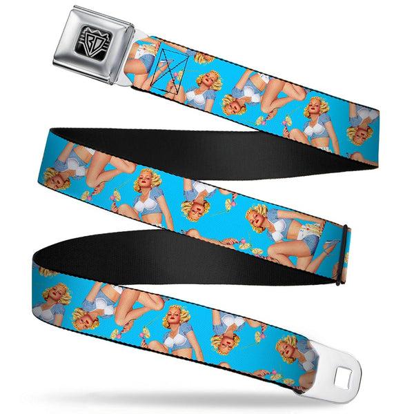 Buckle-Down BD Wings Logo CLOSE-UP Full Color Black Silver Seatbelt Belt - Blonde Pin Up Girl Bright Blue Webbing