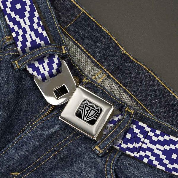 Buckle-Down BD Wings Logo CLOSE-UP Full Color Black Silver Seatbelt Belt - Geometric Diamond Blue/White Webbing