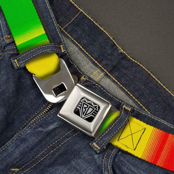 Buckle-Down BD Wings Logo CLOSE-UP Full Color Black Silver Seatbelt Belt - Zarape4 Vertical Rasta Webbing