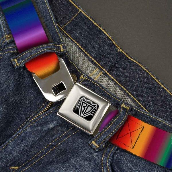 Buckle-Down BD Wings Logo CLOSE-UP Full Color Black Silver Seatbelt Belt - Zarape3 Vertical Multi Color Fade Webbing