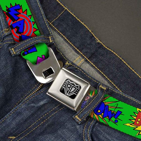 Buckle-Down BD Wings Logo CLOSE-UP Full Color Black Silver Seatbelt Belt - Sound Effects Green/Multi Color Webbing