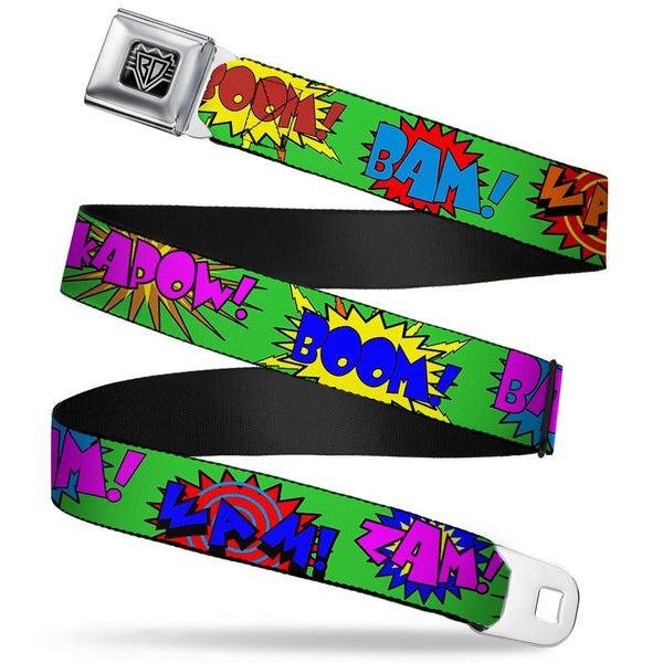 Buckle-Down BD Wings Logo CLOSE-UP Full Color Black Silver Seatbelt Belt - Sound Effects Green/Multi Color Webbing