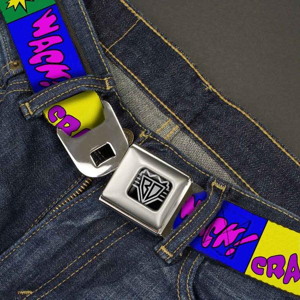 Buckle-Down BD Wings Logo CLOSE-UP Full Color Black Silver Seatbelt Belt - Sound Effect Blocks Multi Color Webbing