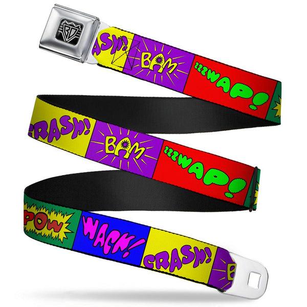 Buckle-Down BD Wings Logo CLOSE-UP Full Color Black Silver Seatbelt Belt - Sound Effect Blocks Multi Color Webbing