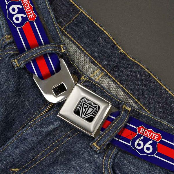 Buckle-Down BD Wings Logo CLOSE-UP Full Color Black Silver Seatbelt Belt - ROUTE 66 Highway Sign/Stripe Blue/White/Red Webbing