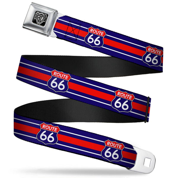 Buckle-Down BD Wings Logo CLOSE-UP Full Color Black Silver Seatbelt Belt - ROUTE 66 Highway Sign/Stripe Blue/White/Red Webbing