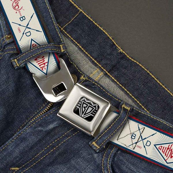 Buckle-Down BD Wings Logo CLOSE-UP Full Color Black Silver Seatbelt Belt - BD AUTHENTIC SEATBELT BELT White/Blue/Red Webbing