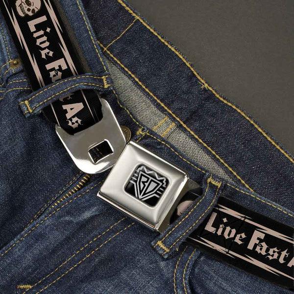 Buckle-Down BD Wings Logo CLOSE-UP Full Color Black Silver Seatbelt Belt - BD Skull LIVE FAST AS LIGHTNING Black/Light Orange Webbing