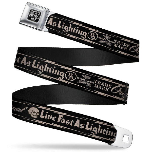 Buckle-Down BD Wings Logo CLOSE-UP Full Color Black Silver Seatbelt Belt - BD Skull LIVE FAST AS LIGHTNING Black/Light Orange Webbing