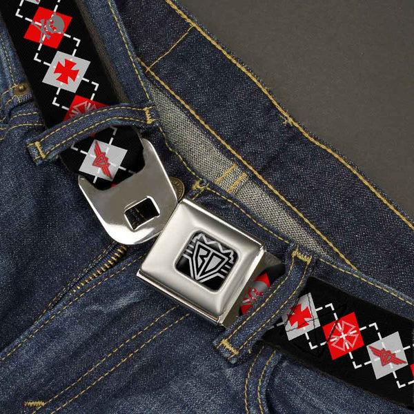 Buckle-Down BD Wings Logo CLOSE-UP Full Color Black Silver Seatbelt Belt - BD Argyle Black/Red/Gray Webbing