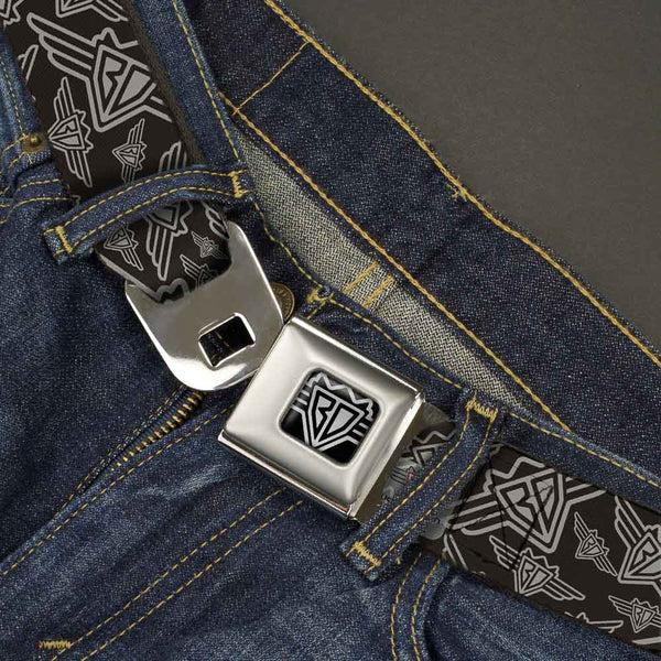 Buckle-Down BD Wings Logo CLOSE-UP Full Color Black Silver Seatbelt Belt - BD Logo Scattered Black/Gray Webbing