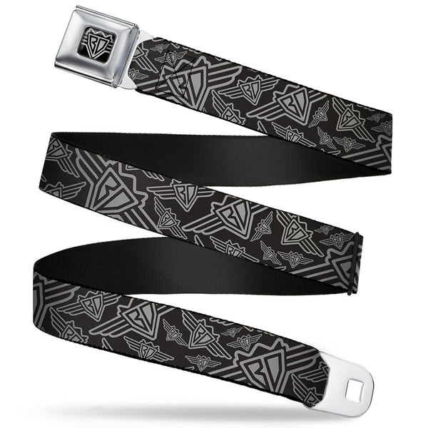 Buckle-Down BD Wings Logo CLOSE-UP Full Color Black Silver Seatbelt Belt - BD Logo Scattered Black/Gray Webbing