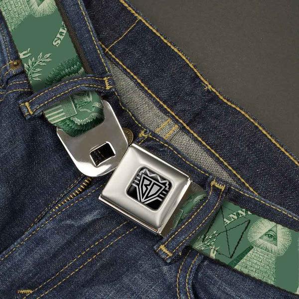 Buckle-Down BD Wings Logo CLOSE-UP Full Color Black Silver Seatbelt Belt - One Dollar Bill Pyramid/Bald Eagle Webbing