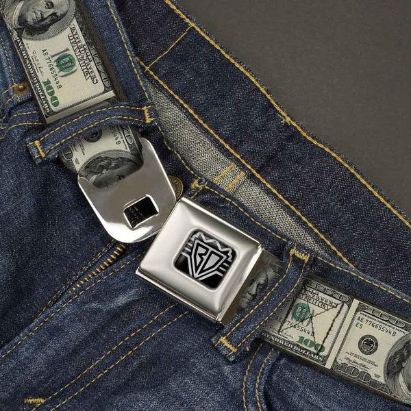 Buckle-Down BD Wings Logo CLOSE-UP Full Color Black Silver Seatbelt Belt - 100 Dollar Bills Webbing