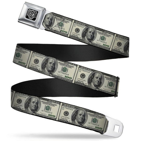 Buckle-Down BD Wings Logo CLOSE-UP Full Color Black Silver Seatbelt Belt - 100 Dollar Bills Webbing