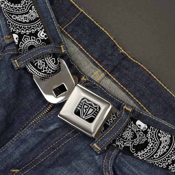 Buckle-Down BD Wings Logo CLOSE-UP Full Color Black Silver Seatbelt Belt - Bandana/Skulls Black/White Webbing