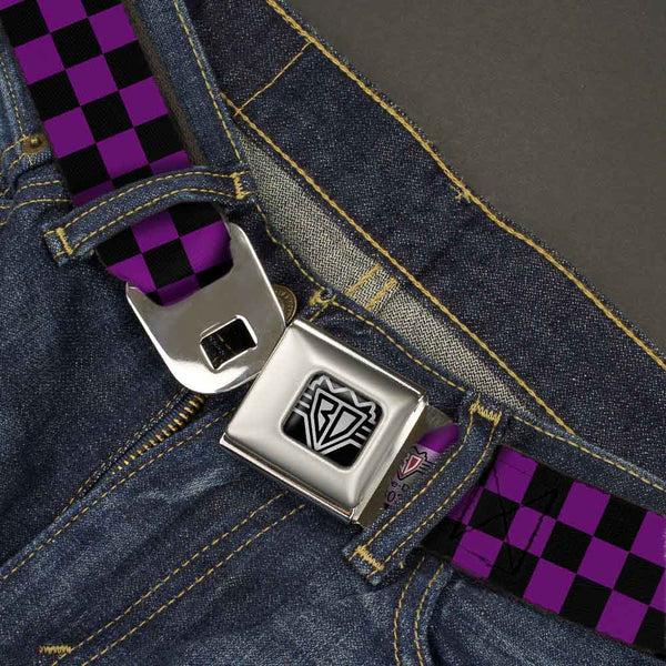 Buckle-Down BD Wings Logo CLOSE-UP Full Color Black Silver Seatbelt Belt - Checker Black/Purple Webbing
