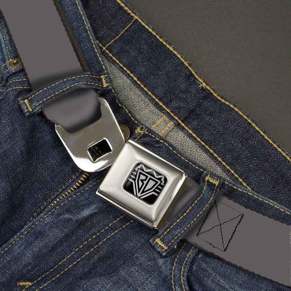 Buckle-Down BD Wings Logo CLOSE-UP Full Color Black Silver Seatbelt Belt - Charcoal Webbing