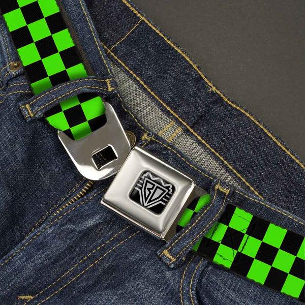 Buckle-Down BD Wings Logo CLOSE-UP Full Color Black Silver Seatbelt Belt - Checker Black/Neon Green Webbing