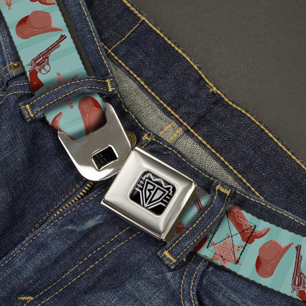 Buckle-Down BD Wings Logo CLOSE-UP Full Color Black Silver Seatbelt Belt - Sheriff's Gear/Vertical Stripe Turquoise/Browns Webbing
