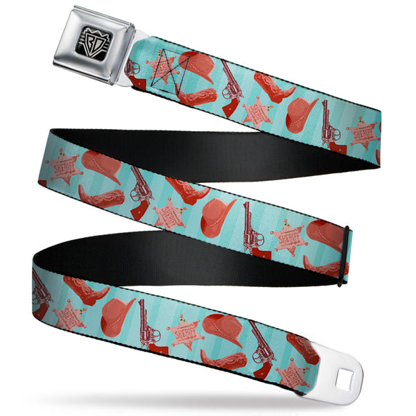 Buckle-Down BD Wings Logo CLOSE-UP Full Color Black Silver Seatbelt Belt - Sheriff's Gear/Vertical Stripe Turquoise/Browns Webbing