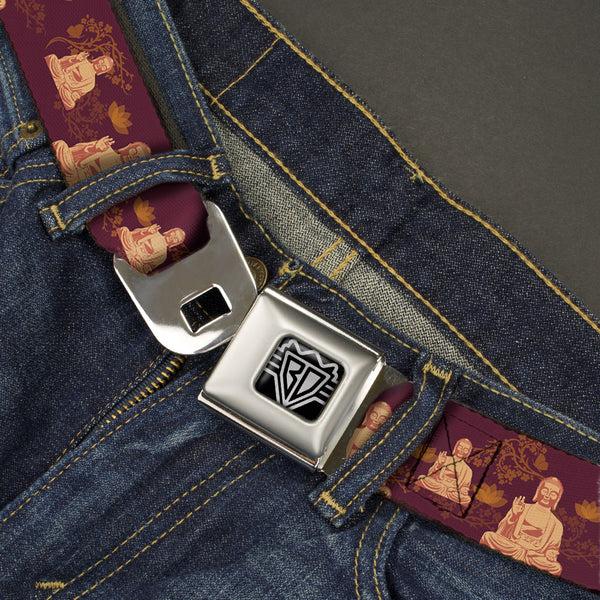 Buckle-Down BD Wings Logo CLOSE-UP Full Color Black Silver Seatbelt Belt - Buddha Sitting/Floral Collage Burgundy/Golden Yellows Webbing