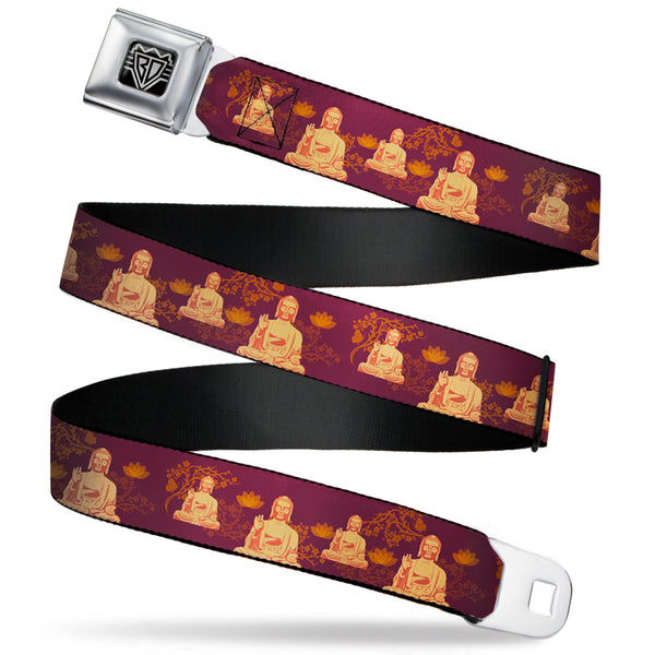 Buckle-Down BD Wings Logo CLOSE-UP Full Color Black Silver Seatbelt Belt - Buddha Sitting/Floral Collage Burgundy/Golden Yellows Webbing