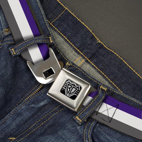 Buckle-Down BD Wings Logo CLOSE-UP Full Color Black Silver Seatbelt Belt - Stripes Purple/White/Gray Webbing