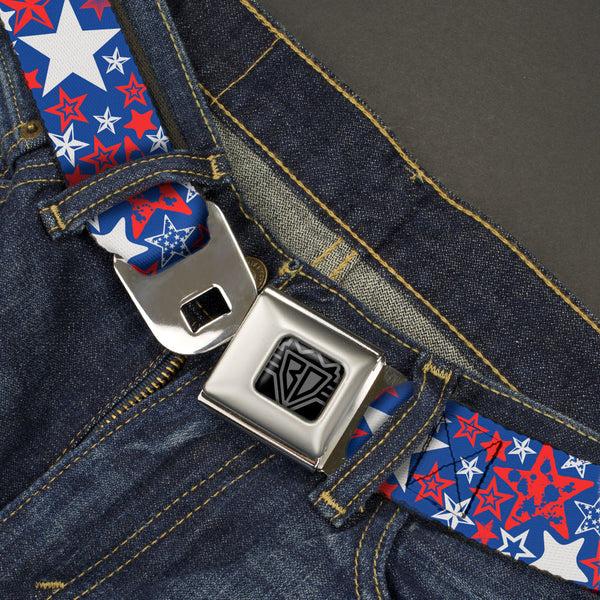 Buckle-Down BD Wings Logo CLOSE-UP Full Color Black Silver Seatbelt Belt - Stargazer Blue/White/Red Webbing