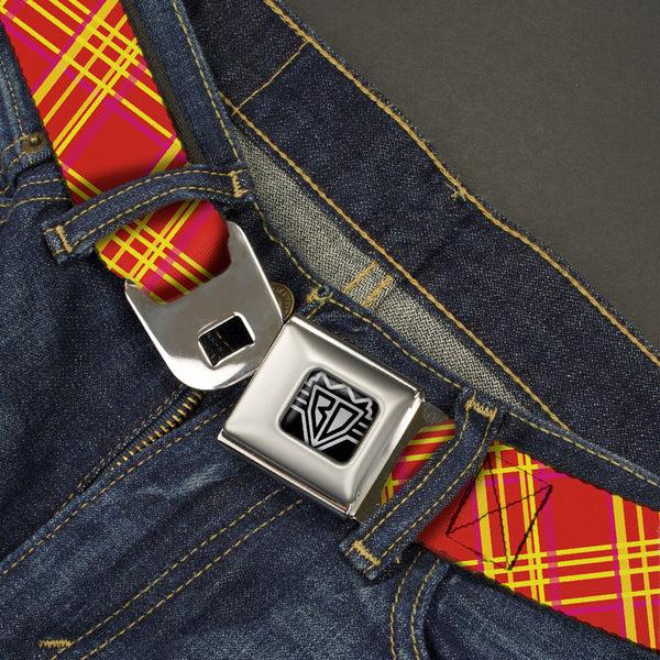 Buckle-Down BD Wings Logo CLOSE-UP Full Color Black Silver Seatbelt Belt - Plaid X4 Fluorescent Oranges/Pinks/Yellow Webbing