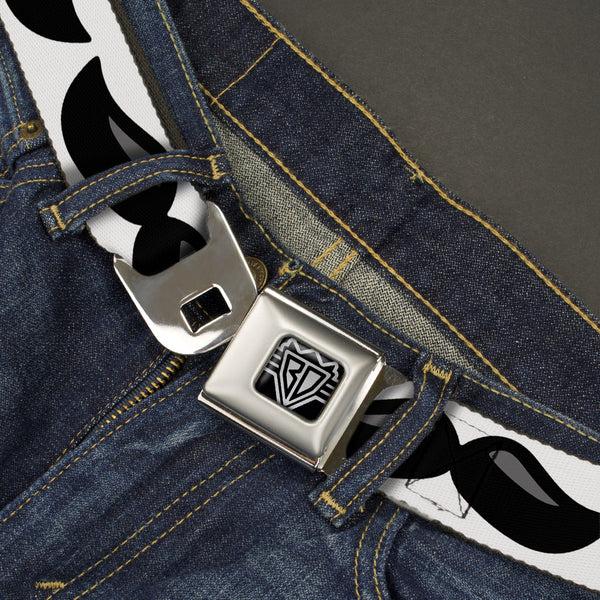 Buckle-Down BD Wings Logo CLOSE-UP Full Color Black Silver Seatbelt Belt - Plastic Mustache White/Black Webbing