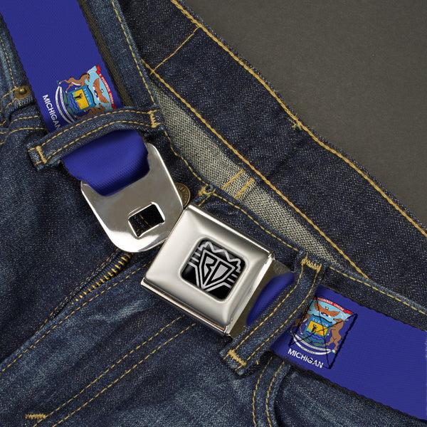 Buckle-Down BD Wings Logo CLOSE-UP Full Color Black Silver Seatbelt Belt - Michigan Flag Continuous Webbing