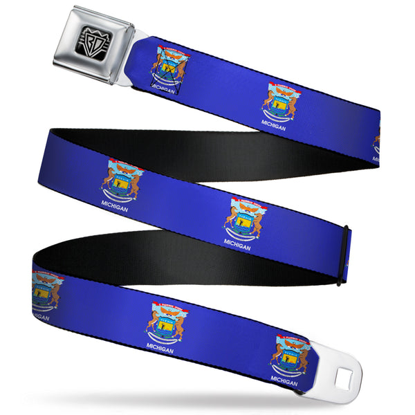 Buckle-Down BD Wings Logo CLOSE-UP Full Color Black Silver Seatbelt Belt - Michigan Flag Continuous Webbing