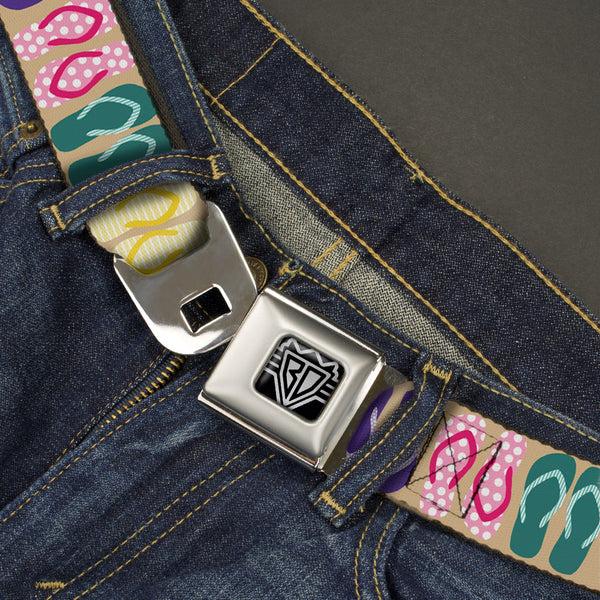 Buckle-Down BD Wings Logo CLOSE-UP Full Color Black Silver Seatbelt Belt - Flip Flops5 CLOSE-UP Sand/Multi Color Webbing
