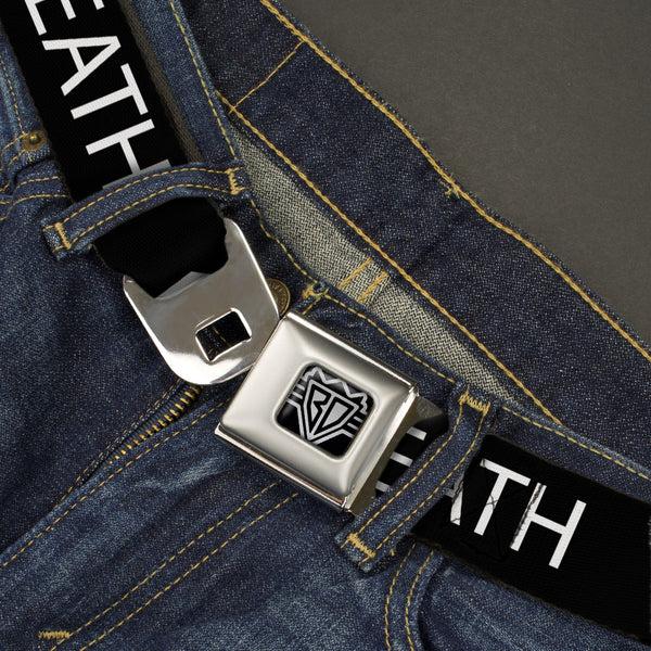 Buckle-Down BD Wings Logo CLOSE-UP Full Color Black Silver Seatbelt Belt - DEATH/Coffin Black/White Webbing