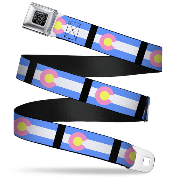 Buckle-Down BD Wings Logo CLOSE-UP Full Color Black Silver Seatbelt Belt - Colorado Flags Pastel Webbing