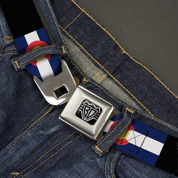 Buckle-Down BD Wings Logo CLOSE-UP Full Color Black Silver Seatbelt Belt - Colorado Flags3/Black Webbing