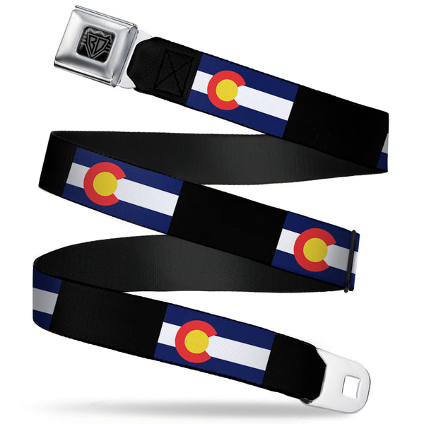 Buckle-Down BD Wings Logo CLOSE-UP Full Color Black Silver Seatbelt Belt - Colorado Flags3/Black Webbing