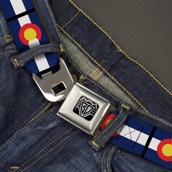 Buckle-Down BD Wings Logo CLOSE-UP Full Color Black Silver Seatbelt Belt - Colorado Flags Webbing