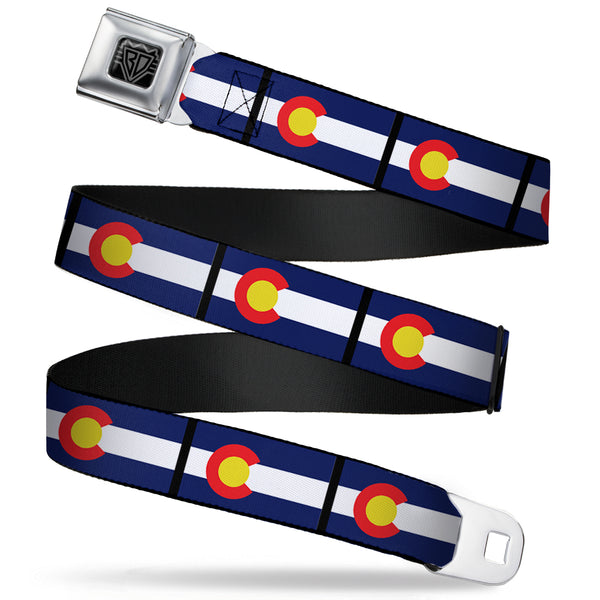 Buckle-Down BD Wings Logo CLOSE-UP Full Color Black Silver Seatbelt Belt - Colorado Flags Webbing