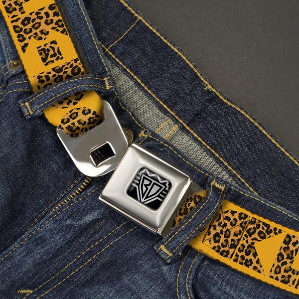 Buckle-Down BD Wings Logo CLOSE-UP Full Color Black Silver Seatbelt Belt - BUCKLE-DOWN Shapes Gold/Leopard Brown Webbing