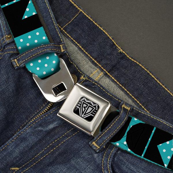 Buckle-Down BD Wings Logo CLOSE-UP Full Color Black Silver Seatbelt Belt - BUCKLE-DOWN Shapes Dot Turquoise/White/Black Webbing