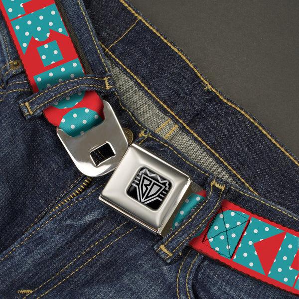 Buckle-Down BD Wings Logo CLOSE-UP Full Color Black Silver Seatbelt Belt - BUCKLE-DOWN Shapes Red/Dot Turquoise/White Webbing
