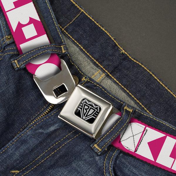 Buckle-Down BD Wings Logo CLOSE-UP Full Color Black Silver Seatbelt Belt - BUCKLE-DOWN Shapes Hot Pink/White Webbing